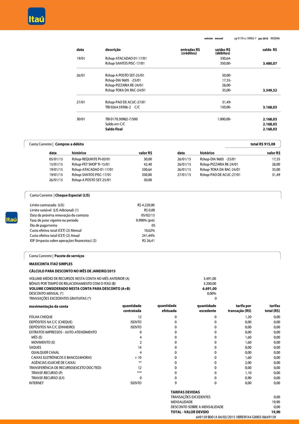 59306-2 C/C 150,00-3.168,03 30/01 TBI 0170.30982-7/500 1.000,00-2.168,03 Saldo em C/C 2.168,03 Saldo final 2.
