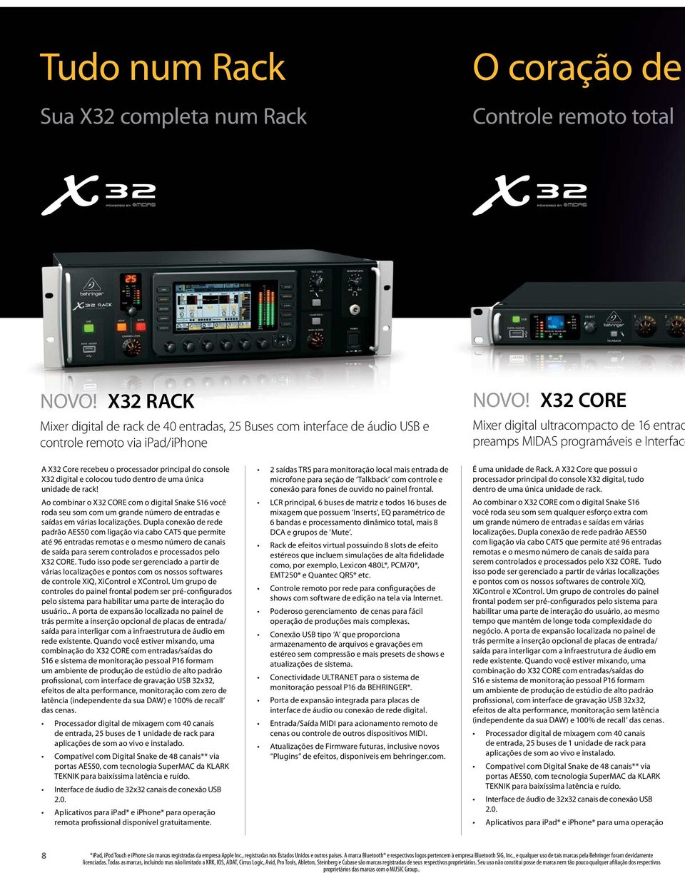 X32 CORE Mixer digital ultracompacto de 16 entrad preamps MIDAS programáveis e Interface A X32 Core recebeu o processador principal do console X32 digital e colocou tudo dentro de uma única unidade