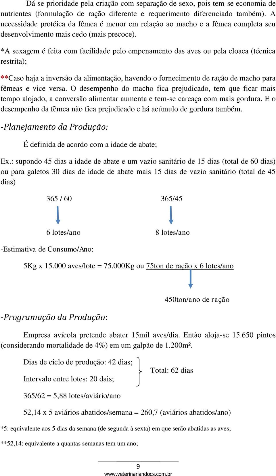 *A sexagem é feita com facilidade pelo empenamento das aves ou pela cloaca (técnica restrita); **Caso haja a inversão da alimentação, havendo o fornecimento de ração de macho para fêmeas e vice versa.