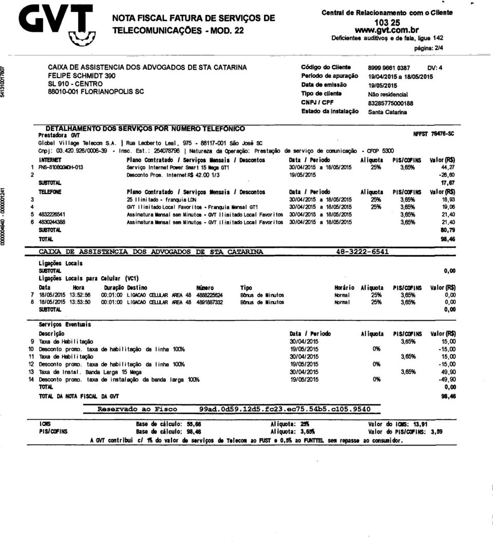 br Deficientee auditivos e de fala, ligue 142 Ovine: 2/4 FELIPE SCHMIDT 390 SL 910- CENTRO 88010-001 FLORIANOPOLIS SC Código do Cliente Período de apuração Data de emissão Tipo de cliente CNPJ / CPF