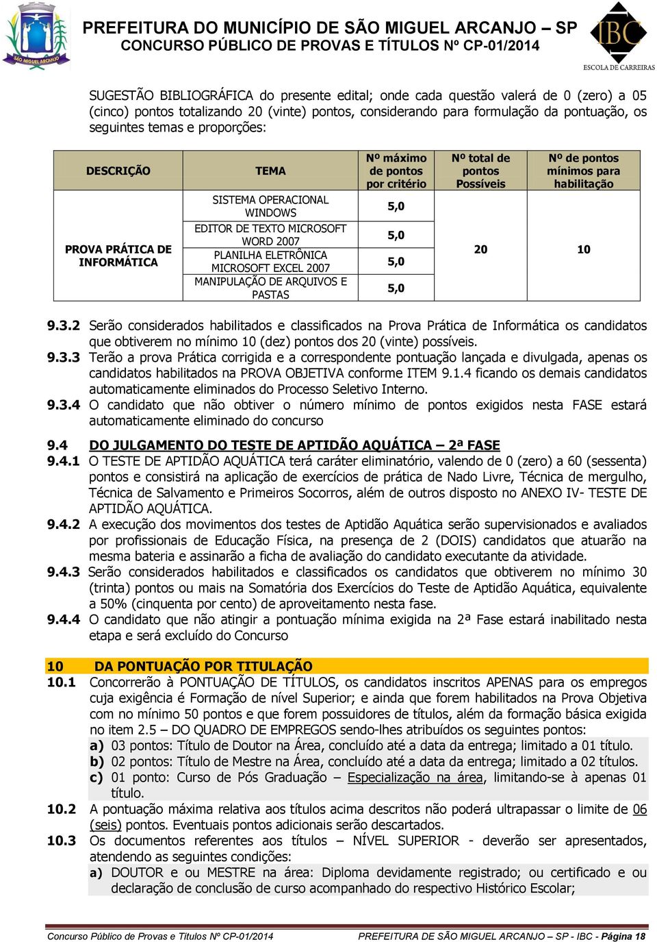 máximo de pontos por critério 5,0 5,0 5,0 5,0 Nº total de pontos Possíveis Nº de pontos mínimos para habilitação 20 10 9.3.