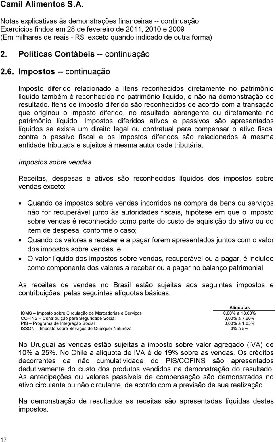 Itens de imposto diferido são reconhecidos de acordo com a transação que originou o imposto diferido, no resultado abrangente ou diretamente no patrimônio líquido.