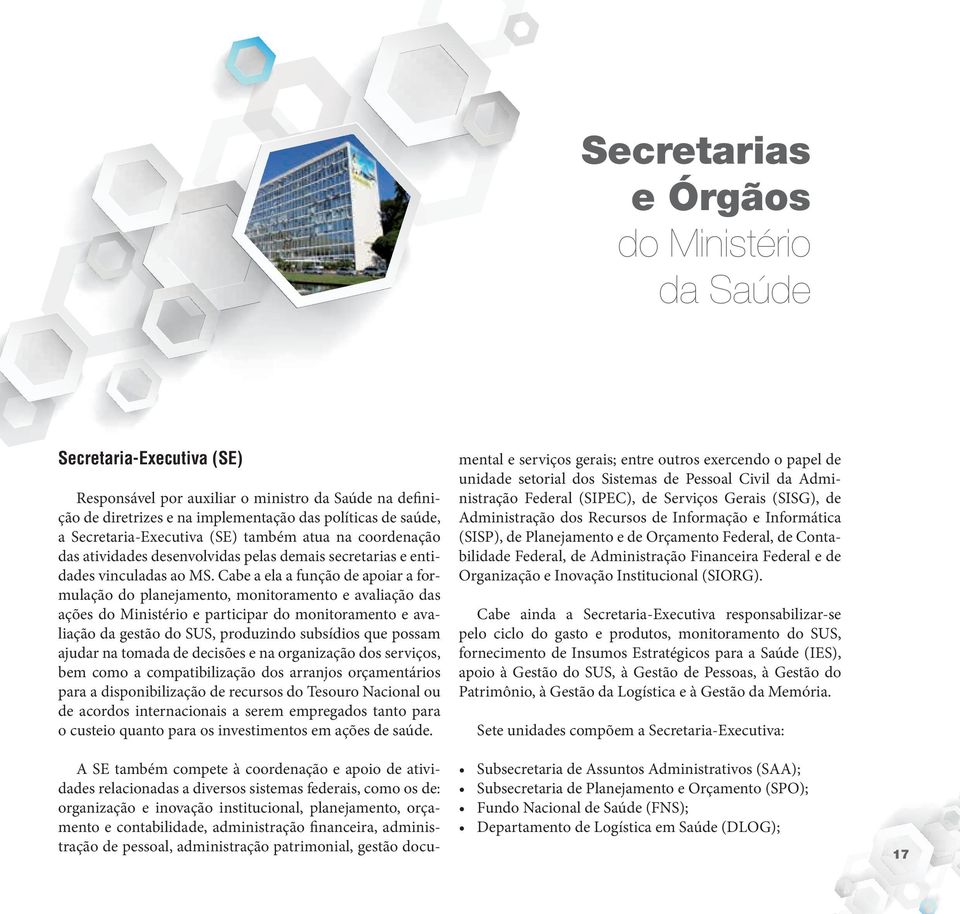 Cabe a ela a função de apoiar a formulação do planejamento, monitoramento e avaliação das ações do Ministério e participar do monitoramento e avaliação da gestão do SUS, produzindo subsídios que