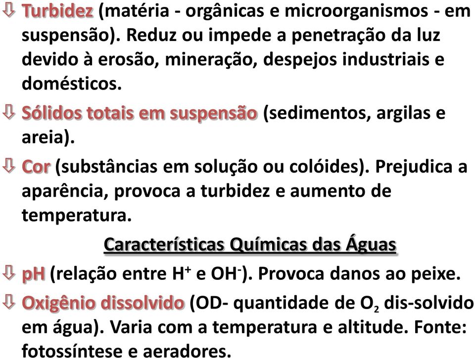 Sólidos totais em suspensão (sedimentos, argilas e areia). Cor (substâncias em solução ou colóides).