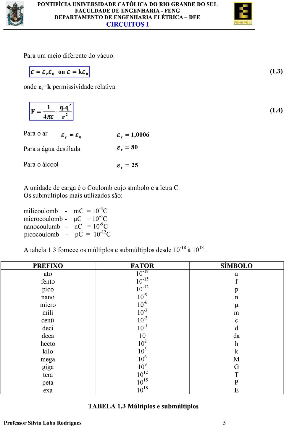 Os submúliplos mais uilizados são: milicoulomb mc = 1 C microcoulomb µc = 1 6 C nanocoulumb nc = 1 9 C picocoulomb pc = 1 1 C A abela 1.