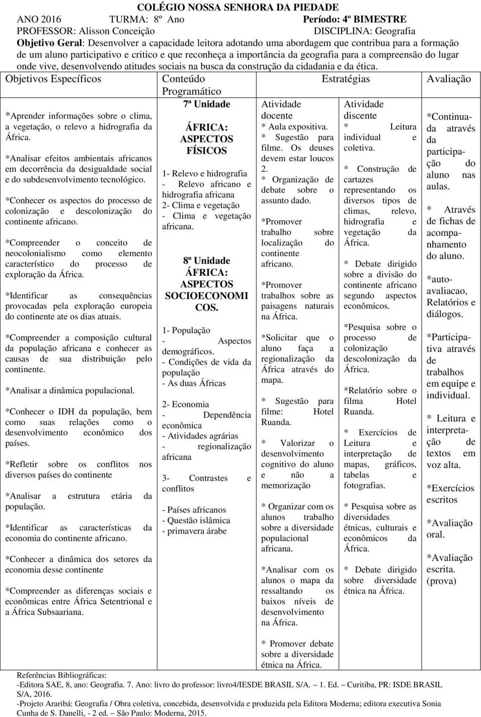 Conteú 7ª Unida Ativida Ativida *Aprenr informações sobre o clima, cente a vegetação, o relevo a hidrografia da ÁFRICA: * Aula expositiva. * Leitura * Sugestão para individual e da FÍSICOS filme.