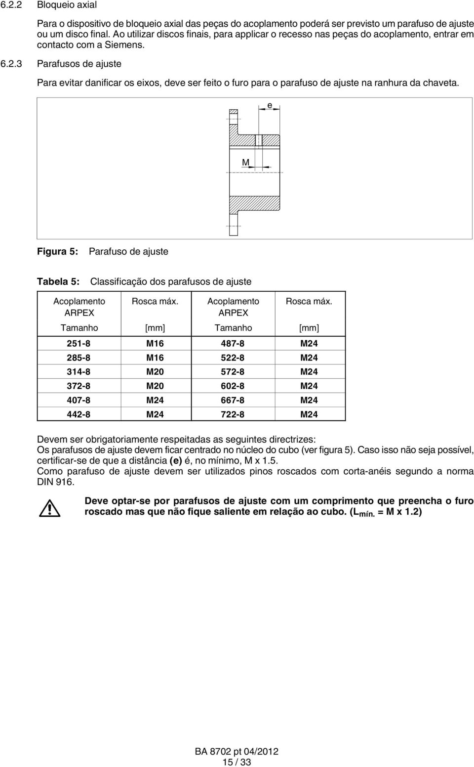 3 Parafusos de ajuste Para evitar danificar os eixos, deve ser feito o furo para o parafuso de ajuste na ranhura da chaveta.