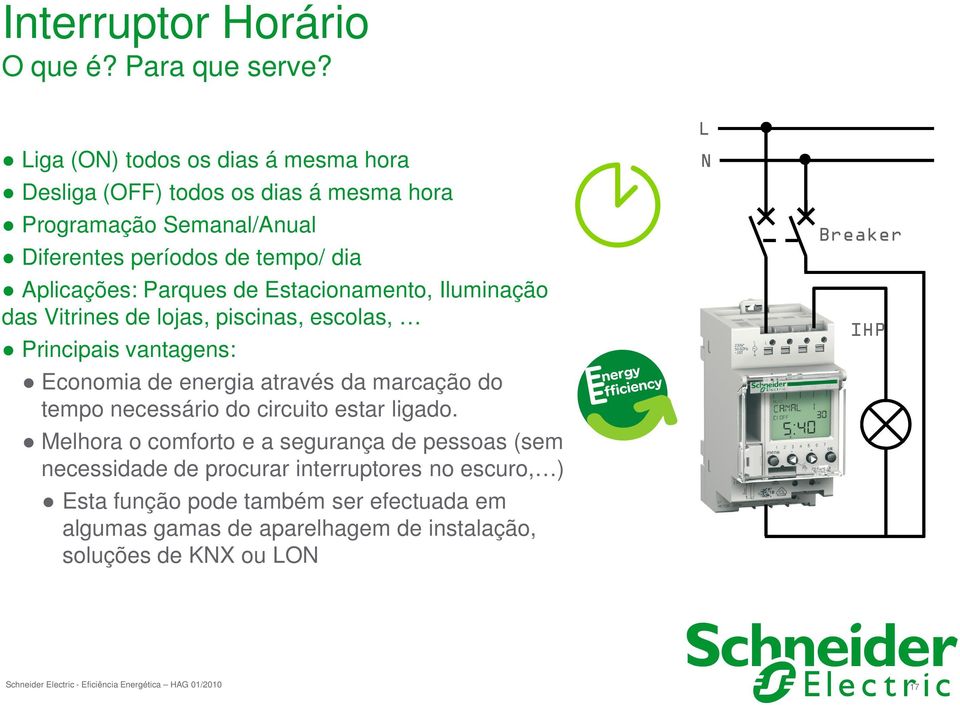 Estacionamento, Iluminação das Vitrines de lojas, piscinas, escolas, Principais vantagens: Economia de energia através da marcação do tempo necessário do circuito