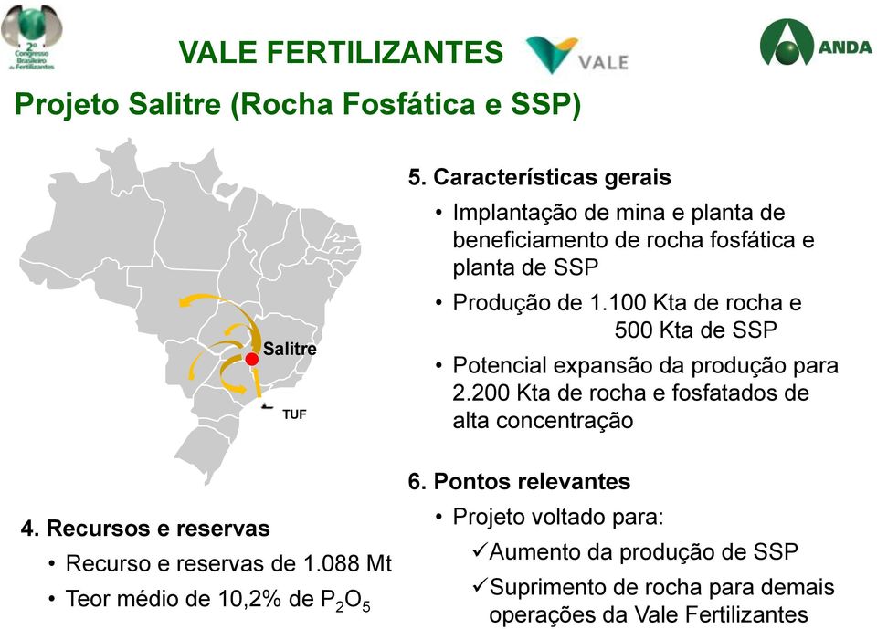 100 Kta de rocha e 500 Kta de SSP Potencial expansão da produção para 2.200 Kta de rocha e fosfatados de alta concentração 4.