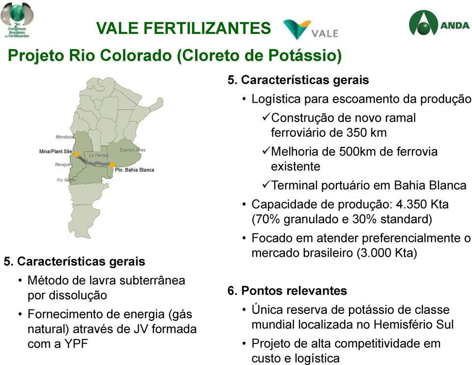 Características gerais Logística para escoamento da produção Construção de novo ramal ferroviário de 350 km Melhoria de 500km de ferrovia existente Terminal portuário em Bahia Blanca