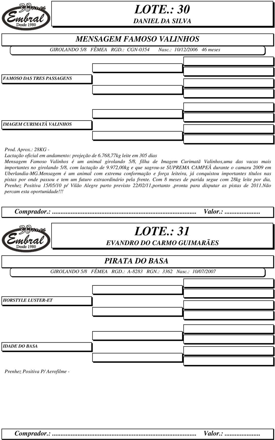 768,77kg leite em 305 dias Mensagem Famoso Valinhos é um animal girolando 5/8, filha de Imagem Curimatã Valinhos,uma das vacas mais importantes no girolando 5/8, com lactação de 9.