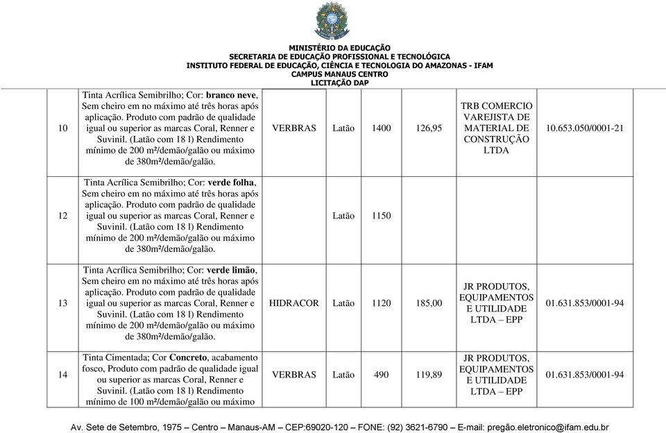 VERBRAS Latão 1400 126,95 TRB COMERCIO 12 Tinta Acrílica Semibrilho; Cor: verde folha, Sem cheiro em no máximo até três horas após aplicação.