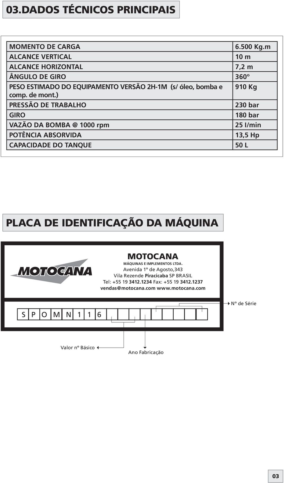 ) PRESSÃO DE TRABALHO GIRO VAZÃO DA BOMBA @ 000 rpm POTÊNCIA ABSORVIDA CAPACIDADE DO TANQUE 90 Kg 0 bar 80 bar I/min, Hp 0 L PLACA DE