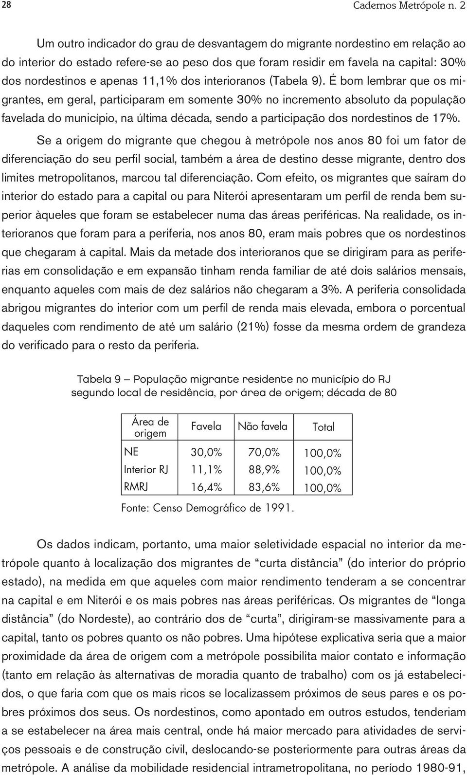 dos interioranos (Tabela 9).