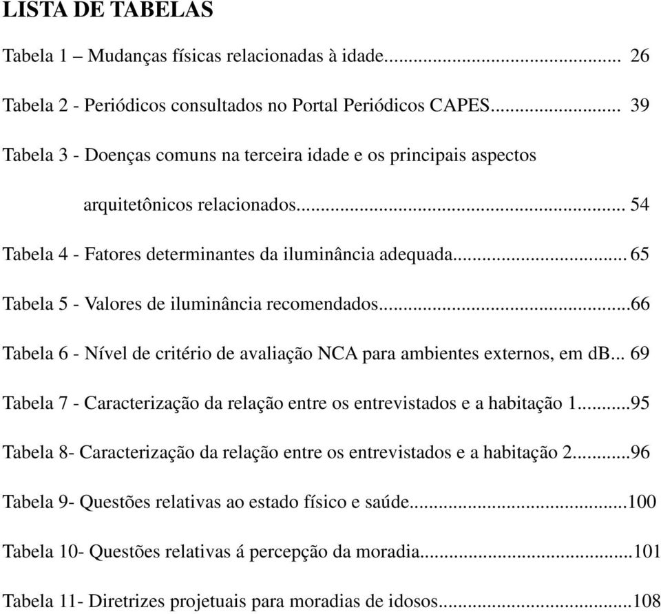 .. 65 Tabela 5 - Valores de iluminância recomendados...66 Tabela 6 - Nível de critério de avaliação NCA para ambientes externos, em db.