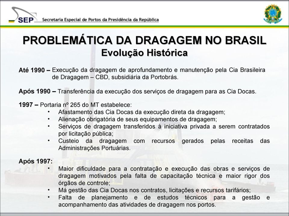 1997 Portaria nº 265 do MT estabelece: Afastamento das Cia Docas da execução direta da dragagem; Alienação obrigatória de seus equipamentos de dragagem; Serviços de dragagem transferidos à iniciativa