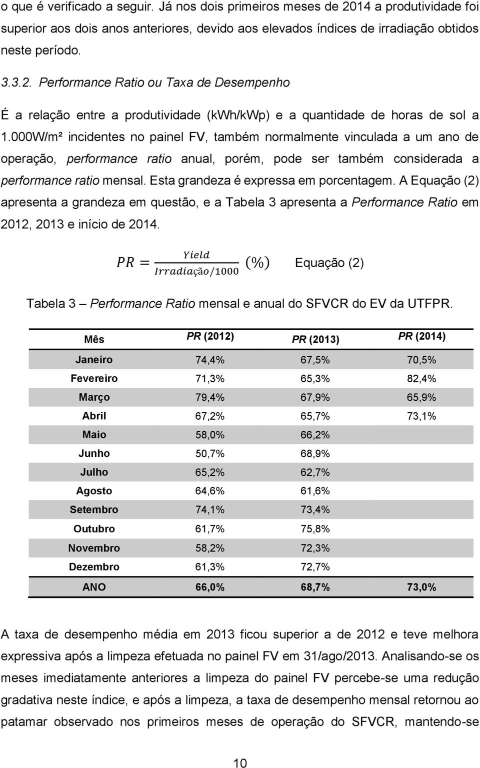 Esta grandeza é expressa em porcentagem. A Equação (2) apresenta a grandeza em questão, e a Tabela 3 apresenta a Performance Ratio em 2012, 2013 e início de 2014.