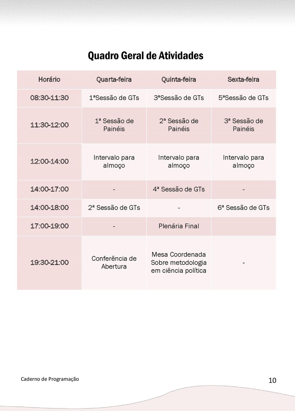 para almoço Intervalo para almoço 14:00-17:00-4ª Sessão de GTs - 14:00-18:00 2ª Sessão de GTs - 6ª Sessão de GTs 17:00-19:00 -