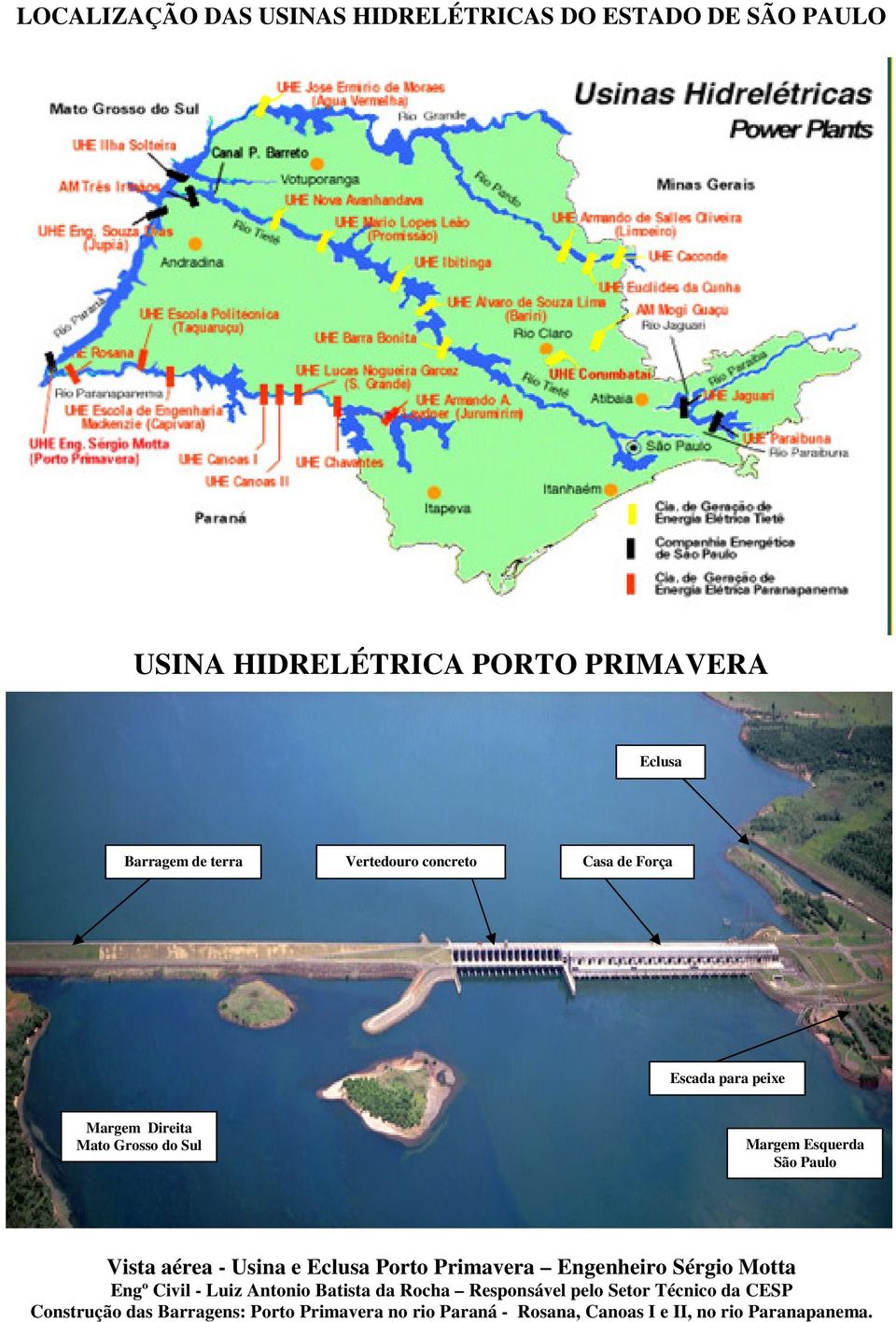 aérea - Usina e Eclusa Porto Primavera Engenheiro Sérgio Motta Engº Civil - Luiz Antonio Batista da Rocha Responsável