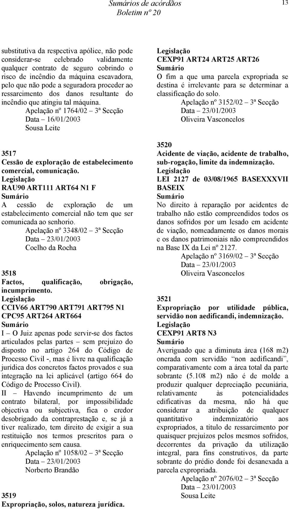 Apelação nº 1764/02 3ª Secção Data 16/01/2003 Sousa Leite 3517 Cessão de eploração de estabelecimento comercial, comunicação.