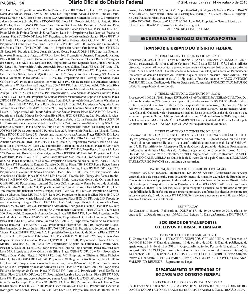 GO; Lote 141, Proprietário Marcio Antonio Silva da Rocha, Placa JEQ7658 DF, Posse Banco Finasa SA; Lote 144, Proprietário Valdivino Dias dos Santos, Placa JYA8382 DF; Lote 144, Proprietário Banco