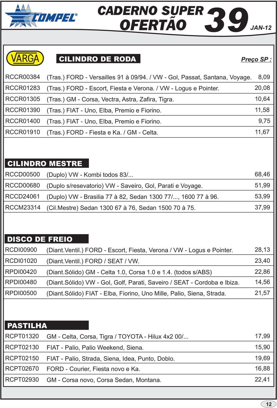 / GM - Celta. 8,09 20,08 10,64 11,58 9,75 11,67 CILINDRO MESTRE RCCD00500 (Duplo) VW - Kombi todos 83/... RCCD00680 (Duplo s/resevatorio) VW - Saveiro, Gol, Parati e Voyage.