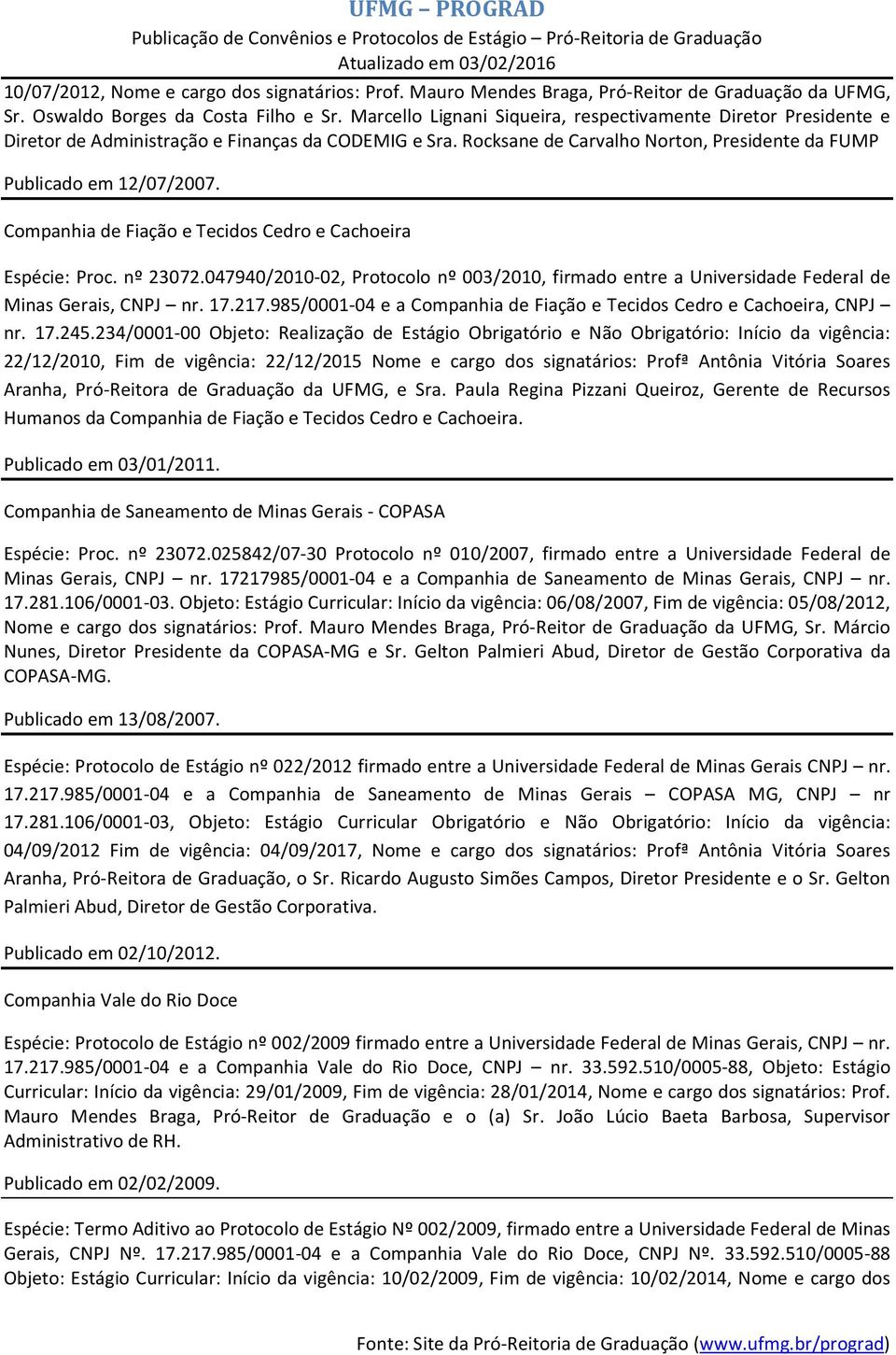 Companhia de Fiação e Tecidos Cedro e Cachoeira Espécie: Proc. nº 23072.047940/2010-02, Protocolo nº 003/2010, firmado entre a Universidade Federal de Minas Gerais, CNPJ nr. 17.217.