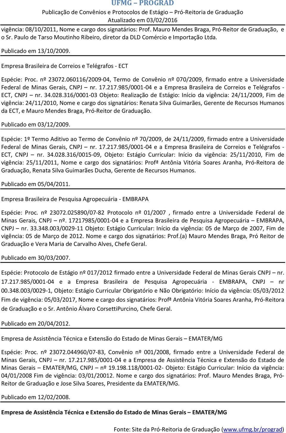 060116/2009-04, Termo de Convênio nº 070/2009, firmado entre a Universidade Federal de Minas Gerais, CNPJ nr. 17.217.985/0001-04 e a Empresa Brasileira de Correios e Telégrafos - ECT, CNPJ nr. 34.028.