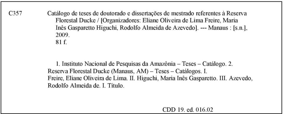 Instituto Nacional de Pesquisas da Amazônia Teses Catálogo. 2. Reserva Florestal Ducke (Manaus, AM) Teses Catálogos. I.