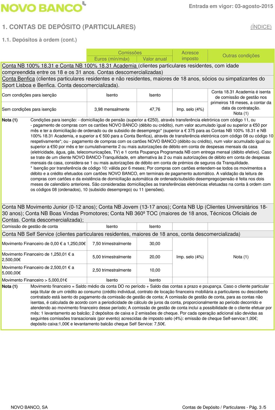 Contas descomercializadas) Conta Benfica (clientes particulares residentes e não residentes, maiores de 18 anos, sócios ou simpatizantes do Sport Lisboa e Benfica. Conta descomercializada).