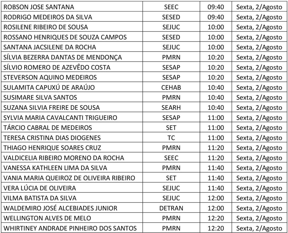 STEVERSON AQUINO MEDEIROS SESAP 10:20 Sexta, 2/Agosto SULAMITA CAPUXÚ DE ARAÚJO CEHAB 10:40 Sexta, 2/Agosto SUSIMARE SILVA SANTOS PMRN 10:40 Sexta, 2/Agosto SUZANA SILVIA FREIRE DE SOUSA SEARH 10:40