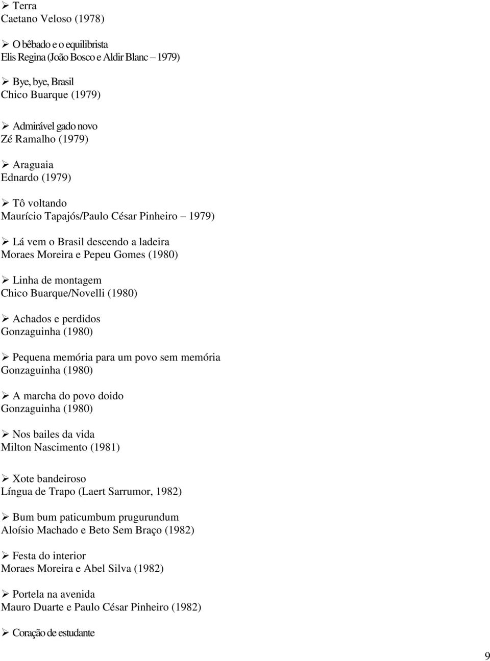 Gonzaguinha (1980) Pequena memória para um povo sem memória Gonzaguinha (1980) A marcha do povo doido Gonzaguinha (1980) Nos bailes da vida Milton Nascimento (1981) Xote bandeiroso Língua de Trapo