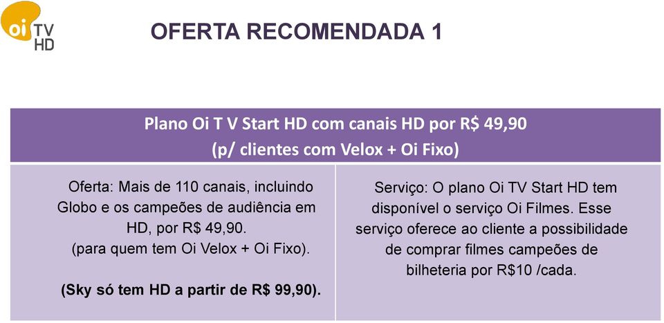 (para quem tem Oi Velox + Oi Fixo). (Sky só tem HD a partir de R$ 99,90).