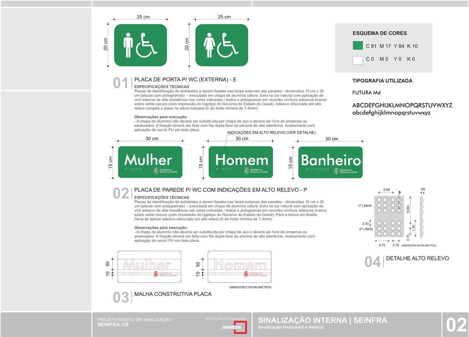 pictogramas em recortes vinílicos adesivos branco sobre verde escuro (com impressão do logotipo do Governo do Estado do Ceará).