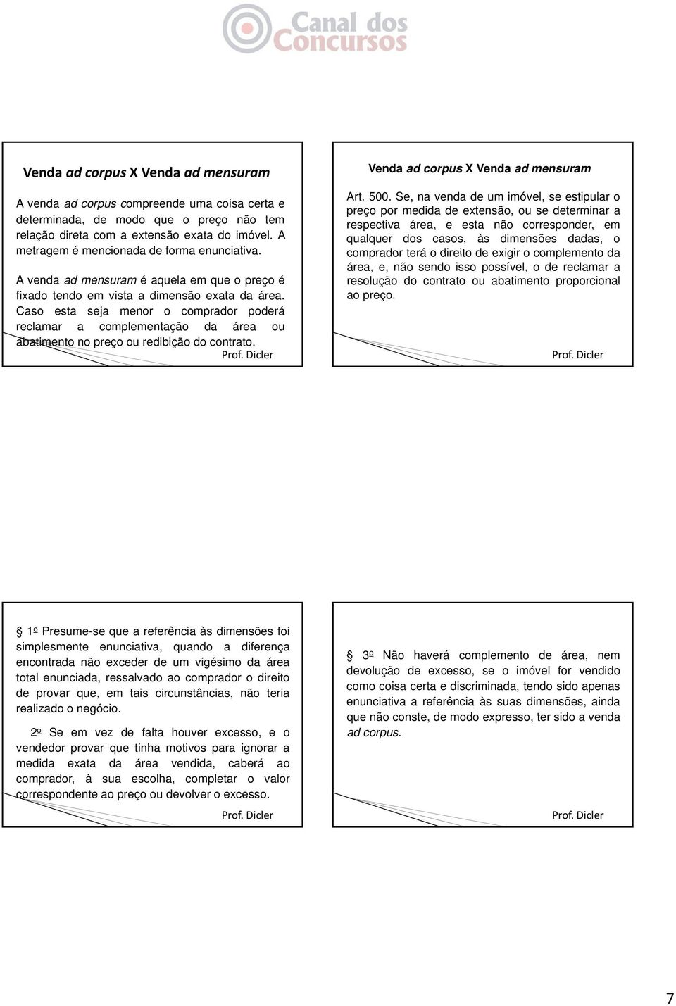 Caso esta seja menor o comprador poderá reclamar a complementação da área ou abatimento no preço ou redibição do contrato. Venda ad corpus X Venda ad mensuram Art. 500.