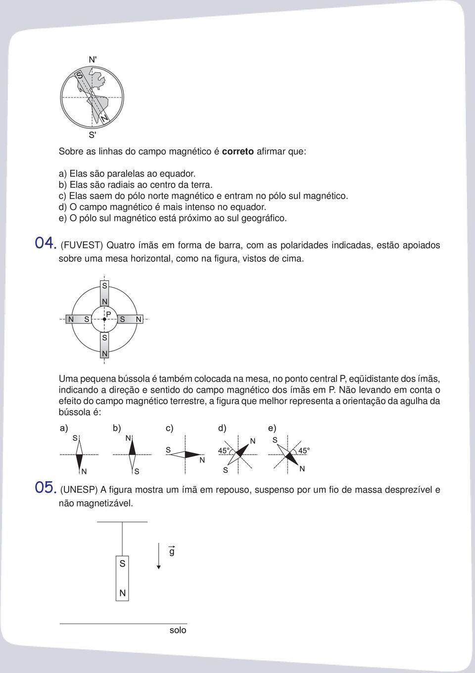 (FUVEST) Quatro ímãs em forma de barra, com as polaridades indicadas, estão apoiados sobre uma mesa horizontal, como na figura, vistos de cima.