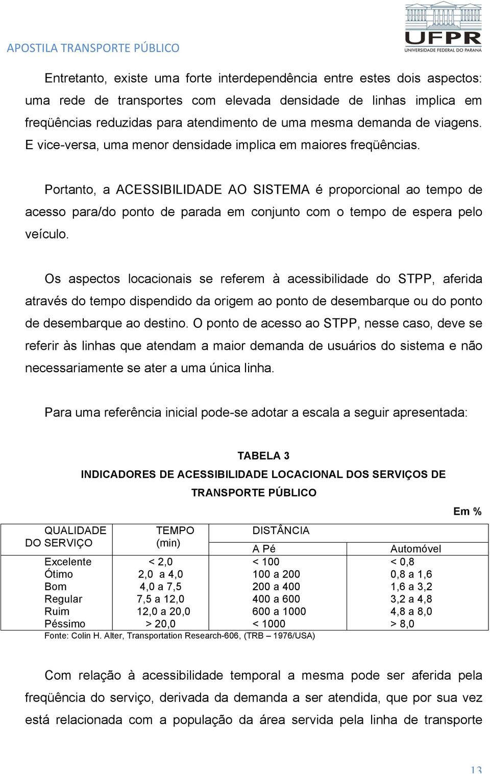 Portanto, a ACESSIBILIDADE AO SISTEMA é proporcional ao tempo de acesso para/do ponto de parada em conjunto com o tempo de espera pelo veículo.