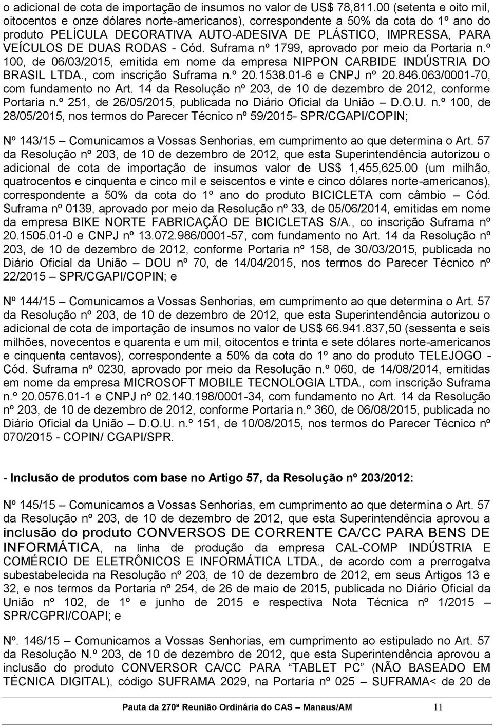 RODAS - Cód. Suframa nº 1799, aprovado por meio da Portaria n.º 100, de 06/03/2015, emitida em nome da empresa NIPPON CARBIDE INDÚSTRIA DO BRASIL LTDA., com inscrição Suframa n.º 20.1538.