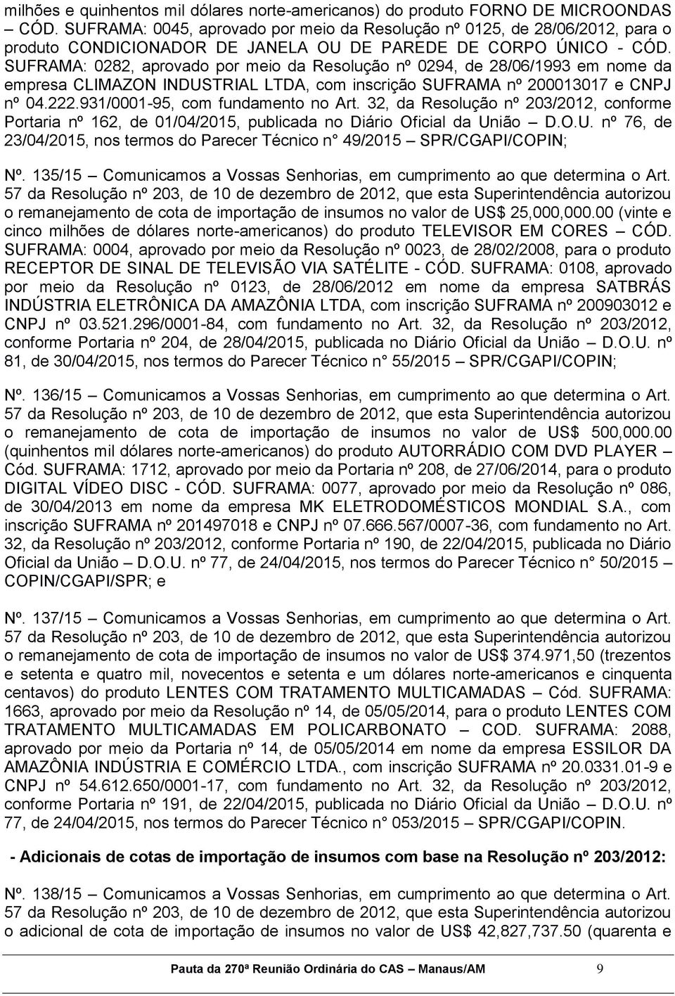 SUFRAMA: 0282, aprovado por meio da Resolução nº 0294, de 28/06/1993 em nome da empresa CLIMAZON INDUSTRIAL LTDA, com inscrição SUFRAMA nº 200013017 e CNPJ nº 04.222.