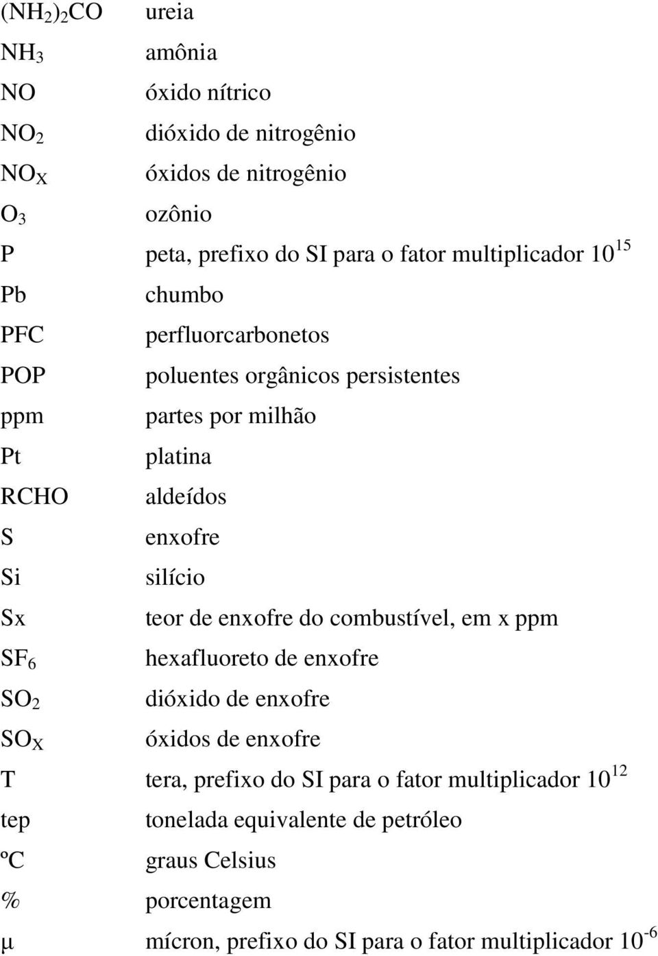 silício Sx teor de enxofre do combustível, em x ppm SF 6 hexafluoreto de enxofre SO 2 dióxido de enxofre SO X óxidos de enxofre T tera, prefixo do SI