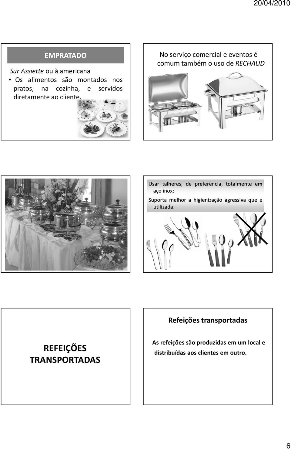 No serviçocomerciale eventosé comumtambémo usode RECHAUD Usar talheres, de preferência, totalmente