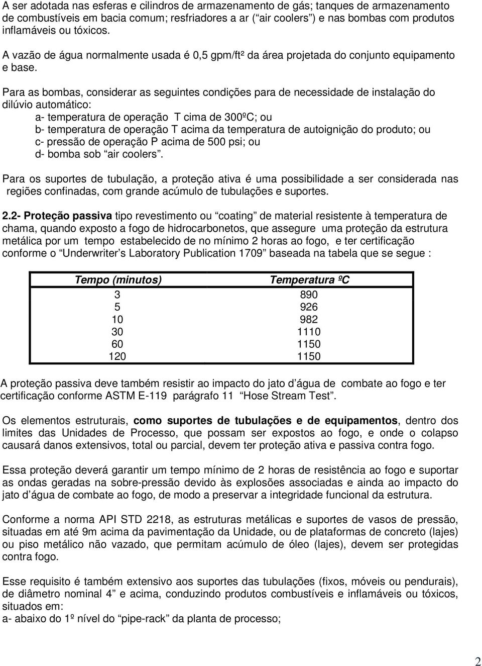 Para as bombas, considerar as seguintes condições para de necessidade de instalação do dilúvio automático: a- temperatura de operação T cima de 300ºC; ou b- temperatura de operação T acima da