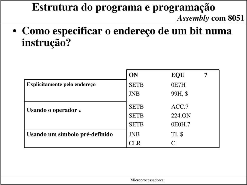 Usando um símbolo pré-definido ON SETB JNB SETB SETB