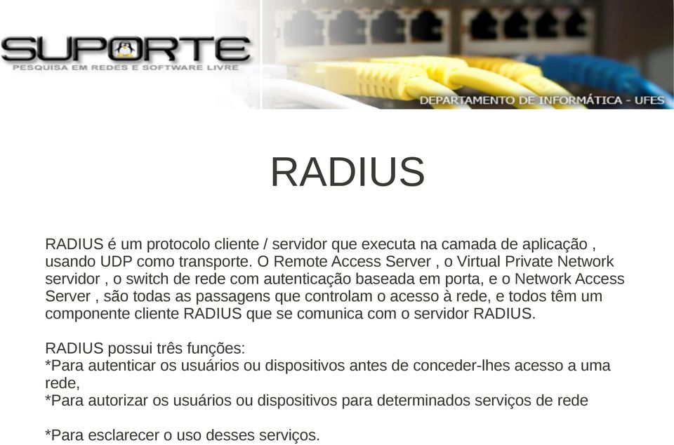 passagens que controlam o acesso à rede, e todos têm um componente cliente RADIUS que se comunica com o servidor RADIUS.