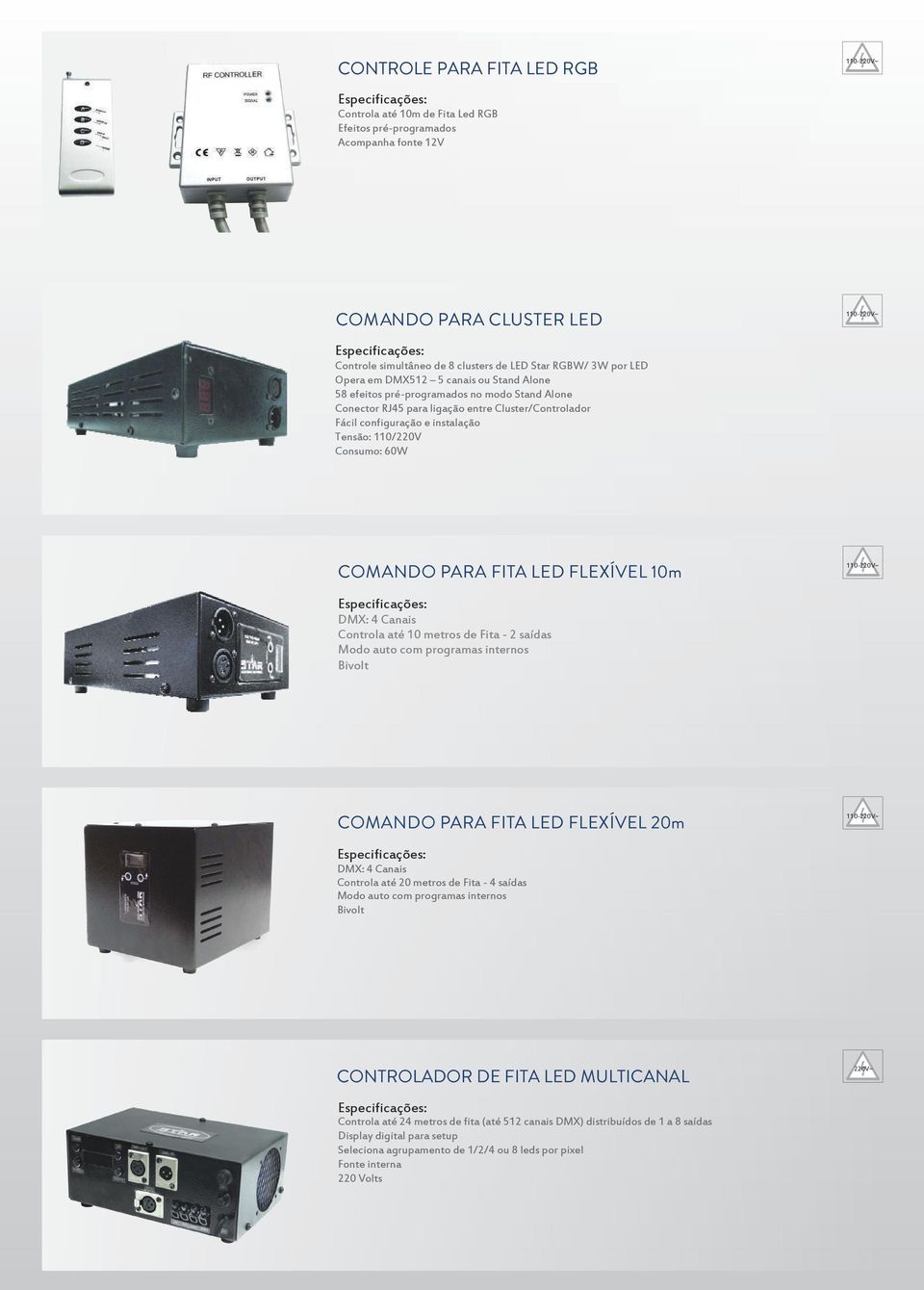 60W COMANDO PARA FITA LED FLEXÍVEL 10m 110- DMX: 4 Canais Controla até 10 metros de Fita - 2 saídas Modo auto com programas internos COMANDO PARA FITA LED FLEXÍVEL 20m 110- DMX: 4 Canais Controla até