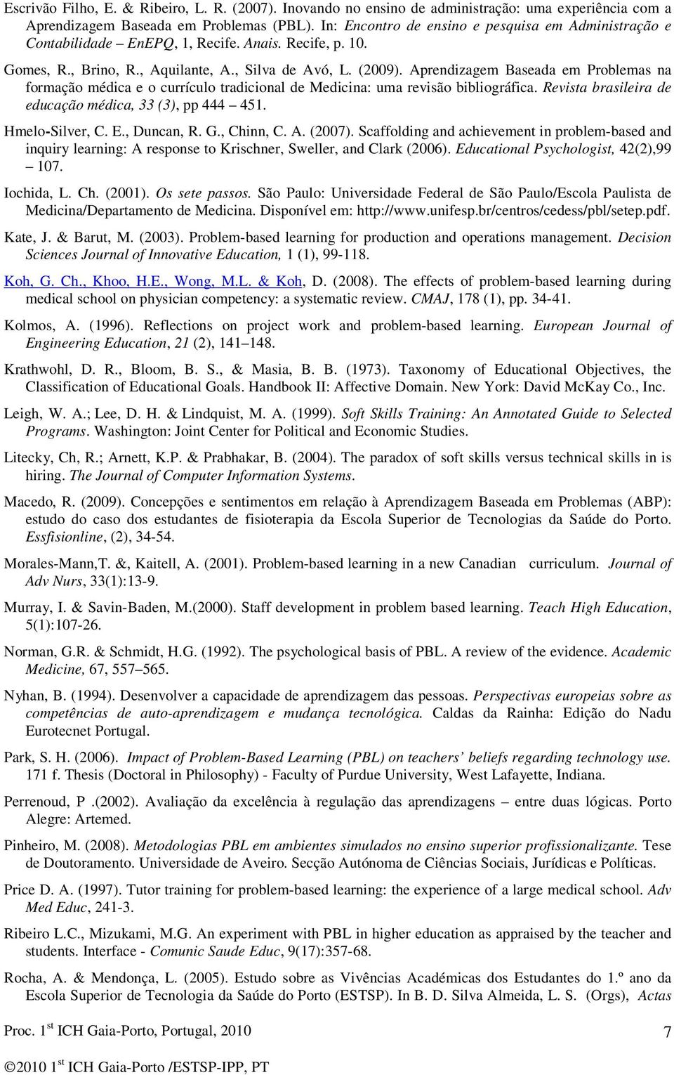 Aprendizagem Baseada em Problemas na formação médica e o currículo tradicional de Medicina: uma revisão bibliográfica. Revista brasileira de educação médica, 33 (3), pp 444 451. Hmelo-Silver, C. E.