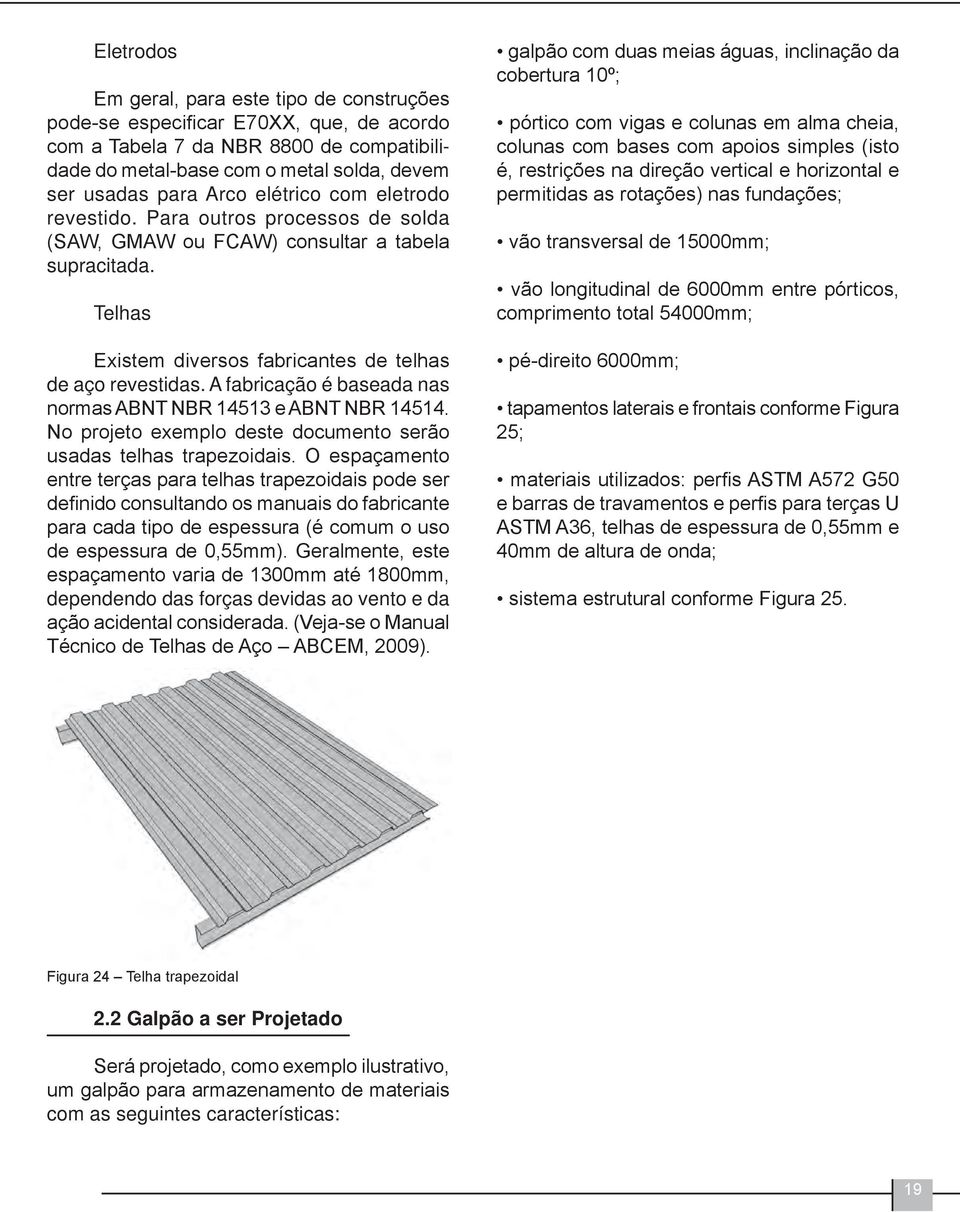 A fabricação é baseada nas normas ABNT NBR 14513 e ABNT NBR 14514. No projeto exemplo deste documento serão usadas telhas trapezoidais.