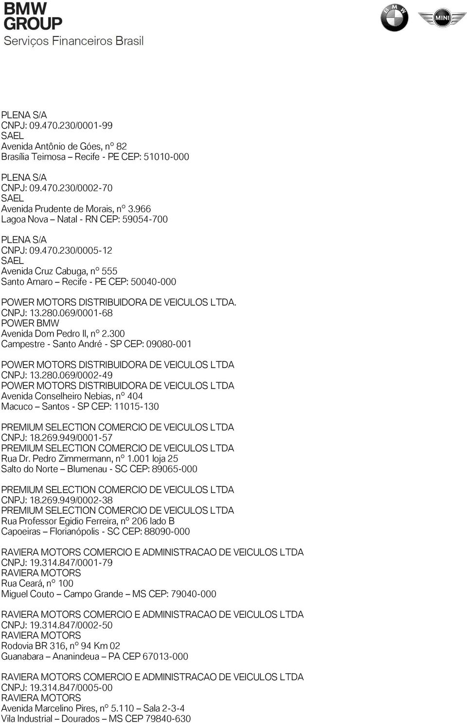 CNPJ: 13.280.069/0001-68 POWER BMW Avenida Dom Pedro II, nº 2.300 Campestre - Santo André - SP CEP: 09080-001 POWER MOTORS DISTRIBUIDORA DE VEICULOS LTDA CNPJ: 13.280.069/0002-49 POWER MOTORS DISTRIBUIDORA DE VEICULOS LTDA Avenida Conselheiro Nebias, nº 404 Macuco Santos - SP CEP: 11015-130 PREMIUM SELECTION COMERCIO DE VEICULOS LTDA CNPJ: 18.