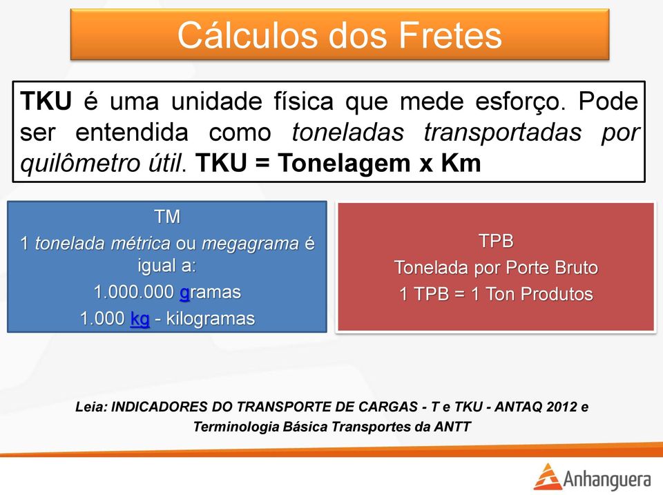 TKU = Tonelagem x Km TM 1 tonelada métrica ou megagrama é igual a: 1.000.000 gramas 1.