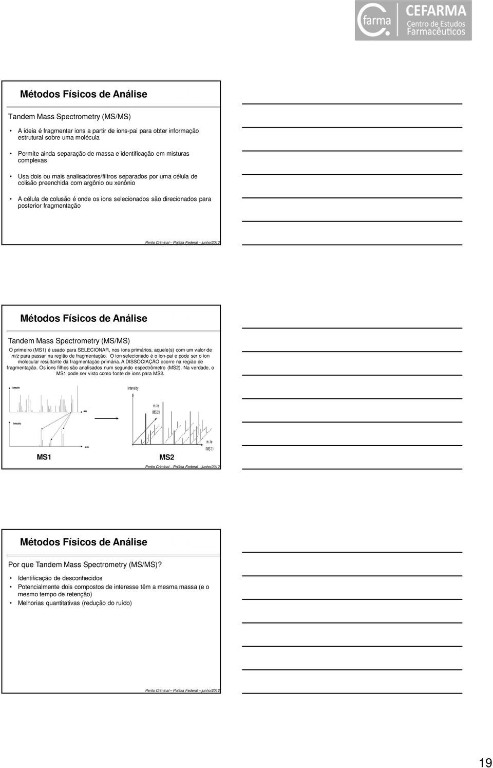 fragmentação Tandem Mass Spectrometry (MS/MS) O primeiro (MS1) é usado para SELECIONAR, nos ions primários, aquele(s) com um valor de m/z para passar na região de fragmentação.